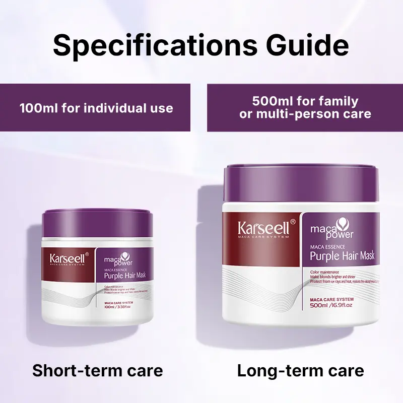 Karseell Maca Energy Purple Jar Hair Mask effectively neutralizes the brassy and yellow tones in blonde, silver, and gray highlights. Available in 100ml and 500ml sizes.