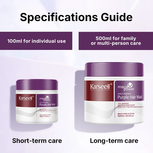 Karseell Maca Energy Purple Jar Hair Mask effectively neutralizes the brassy and yellow tones in blonde, silver, and gray highlights. Available in 100ml and 500ml sizes.