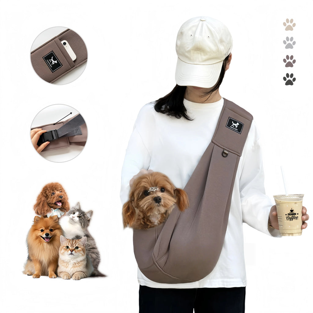PAWPUBBY Hands-Free Dog & Cat Sling Carrier - New Puppy Essentials, Vet Approved, Adjustable Padded Shoulder, Breathable Eco-Fiber Fabric, Portable Buckle-Snap-Safety Rope Hook-and-Loop, Secure Fit for Under 15lbs Small-Medium Animals, Travel Use