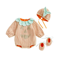 Kupretty Baby Girl Halloween Romper Set, Polyester 12-18 Months Fall Wear with Pumpkin Motif, Bow-Ruffled Round Neck, Long Sleeves, Jumpsuit, Hat, Socks (38-46 cm)