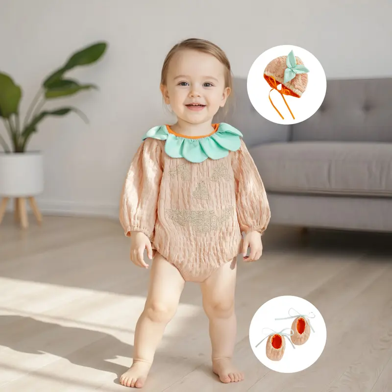 Kupretty Baby Girl Halloween Romper Set, Polyester 12-18 Months Fall Wear with Pumpkin Motif, Bow-Ruffled Round Neck, Long Sleeves, Jumpsuit, Hat, Socks (38-46 cm)