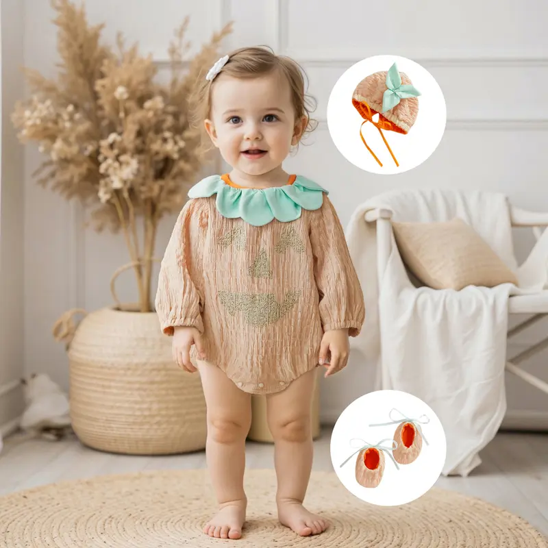 Kupretty Baby Girl Halloween Romper Set, Polyester 12-18 Months Fall Wear with Pumpkin Motif, Bow-Ruffled Round Neck, Long Sleeves, Jumpsuit, Hat, Socks (38-46 cm)