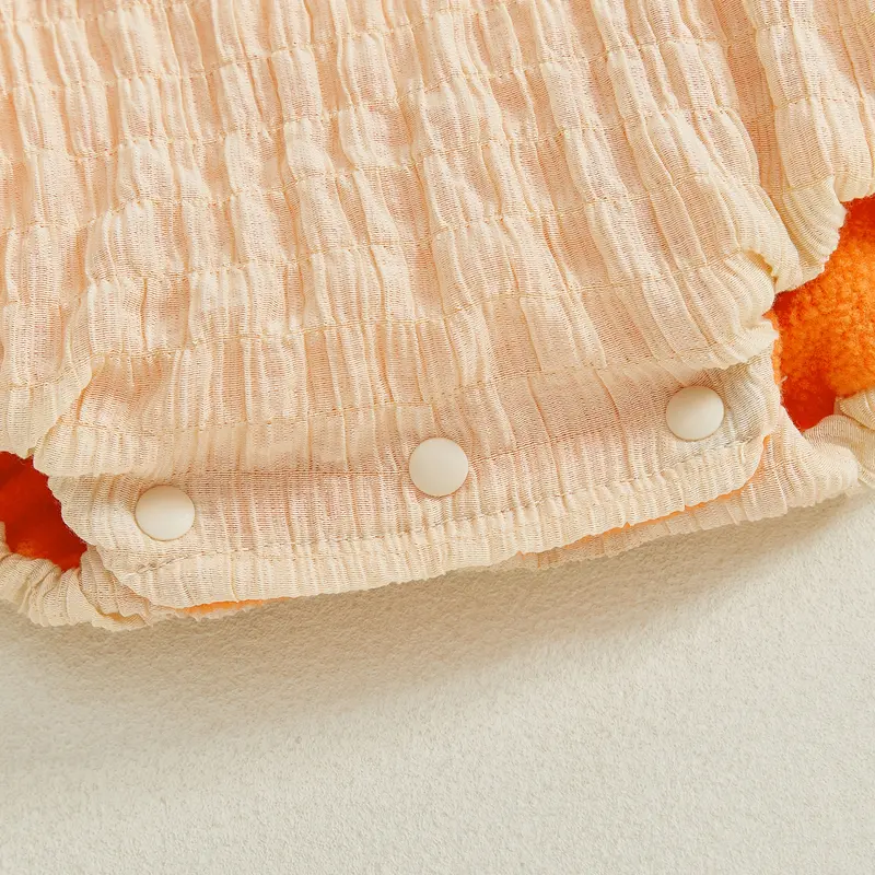 Kupretty Baby Girl Halloween Romper Set, Polyester 12-18 Months Fall Wear with Pumpkin Motif, Bow-Ruffled Round Neck, Long Sleeves, Jumpsuit, Hat, Socks (38-46 cm)