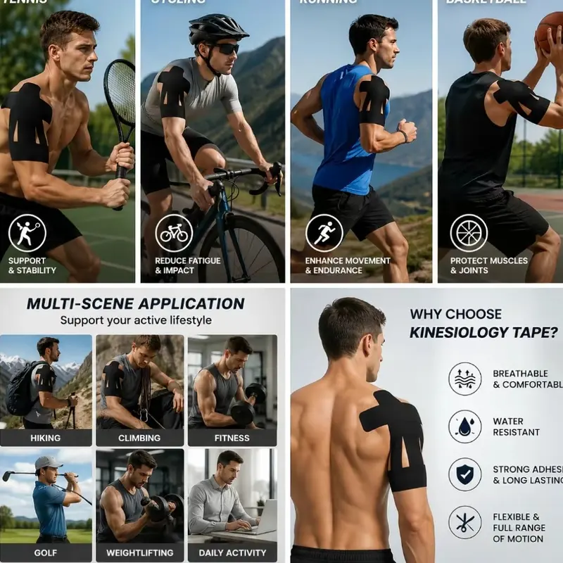 Sohochic 10 Pcs Pre-Cut Elastic Wrap Sports Muscle Tape - 100% Latex-Free Cotton, Waterproof, Breathable, Hypoallergenic, Unisex, Youth-Friendly, Skin Seamless, No Manual Trimming Required, Transparent Invisible Hold for Shoulder Support, Swimming