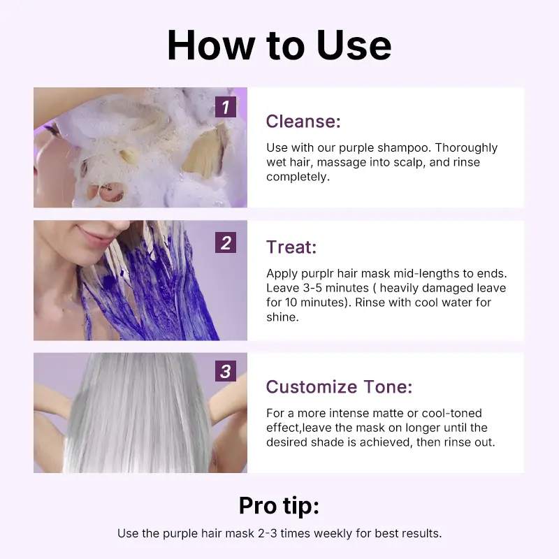 Karseell Maca Energy Purple Jar Hair Mask effectively neutralizes the brassy and yellow tones in blonde, silver, and gray highlights. Available in 100ml and 500ml sizes.
