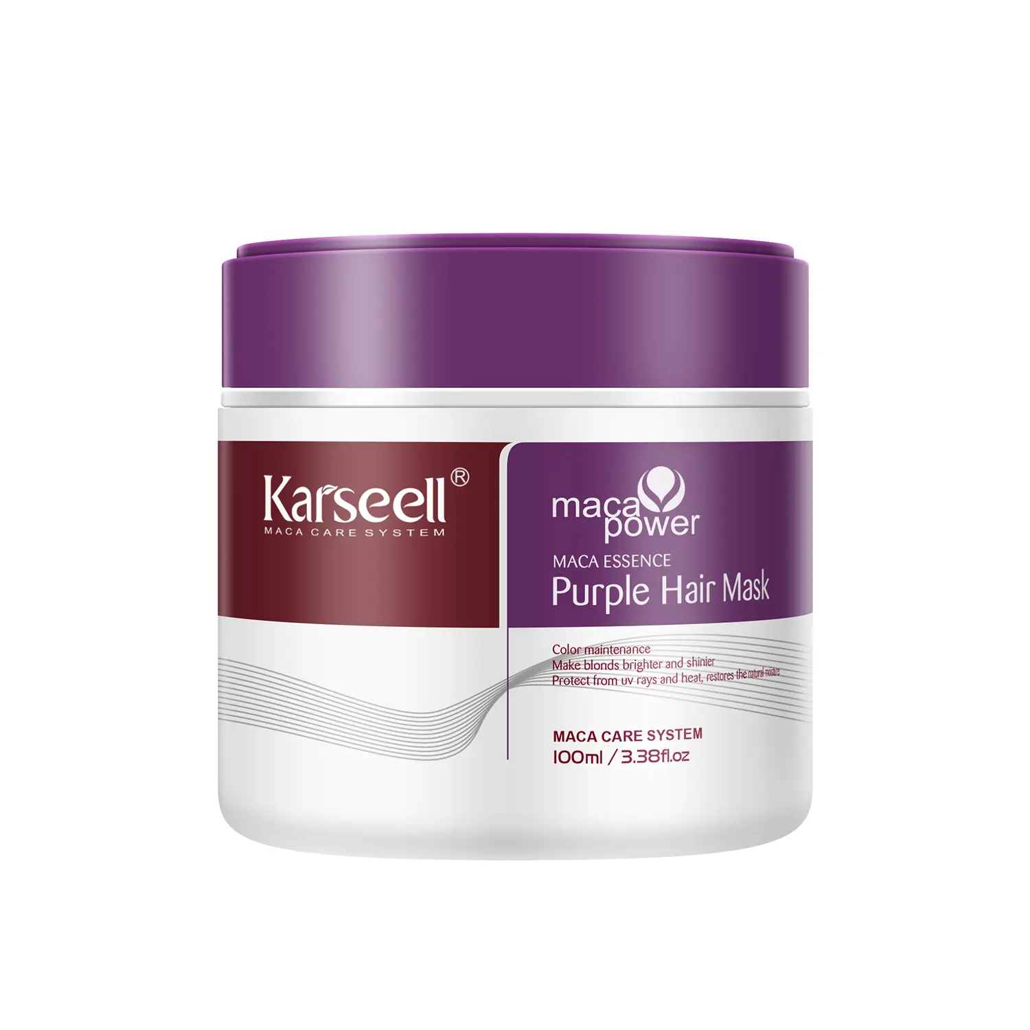 Karseell Maca Energy Purple Jar Hair Mask effectively neutralizes the brassy and yellow tones in blonde, silver, and gray highlights. Available in 100ml and 500ml sizes.