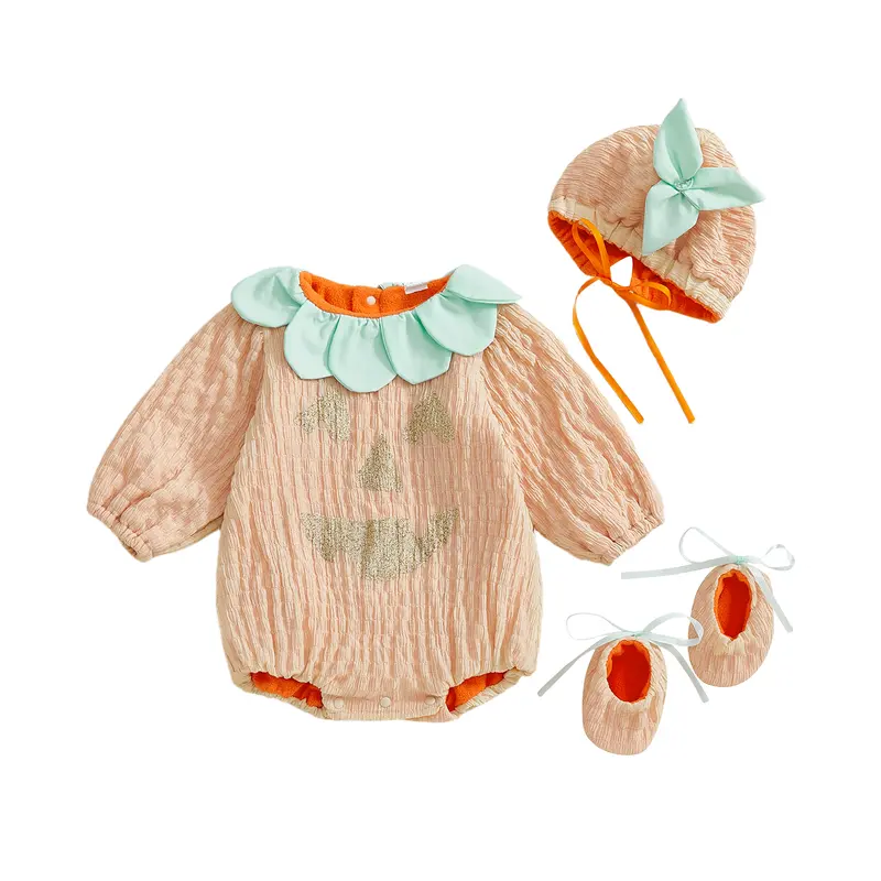 Kupretty Baby Girl Halloween Romper Set, Polyester 12-18 Months Fall Wear with Pumpkin Motif, Bow-Ruffled Round Neck, Long Sleeves, Jumpsuit, Hat, Socks (38-46 cm)