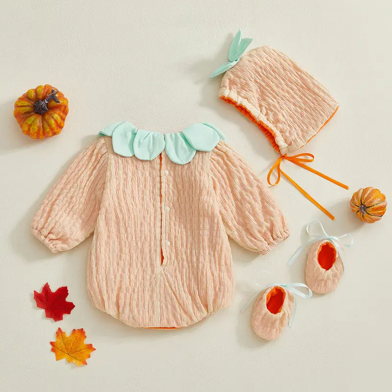 Kupretty Baby Girl Halloween Romper Set, Polyester 12-18 Months Fall Wear with Pumpkin Motif, Bow-Ruffled Round Neck, Long Sleeves, Jumpsuit, Hat, Socks (38-46 cm)