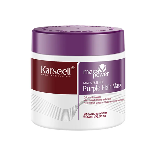 Karseell Maca Energy Purple Jar Hair Mask effectively neutralizes the brassy and yellow tones in blonde, silver, and gray highlights. Available in 100ml and 500ml sizes.
